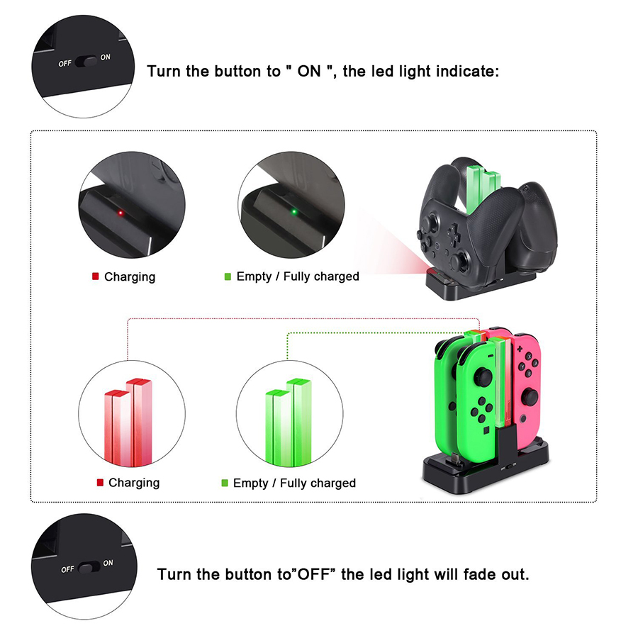 6 in 1 Joy-Con Pro Controller Charger Station with LED Indicator